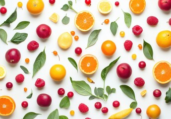 Vibrant and Colorful Assortment of Fresh Fruits and Leaves Arranged on a White Background for Healthy Living and Culinary Inspiration