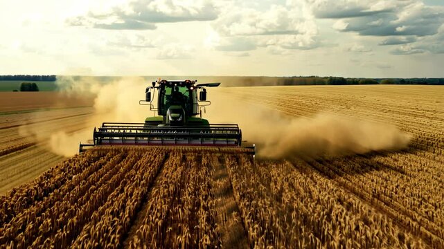 A combine harvester cutting through a golden wheat field under a cloudy sky, creating a dynamic and agricultural landscape scene