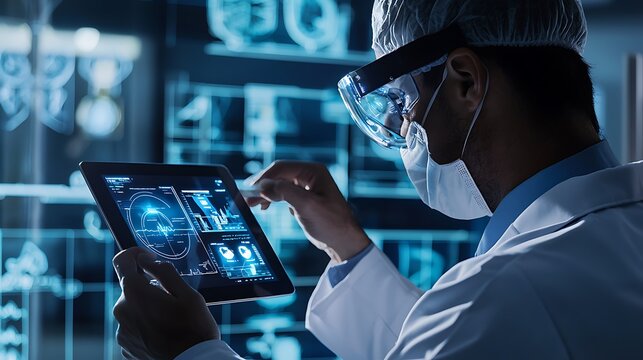 A man in a lab coat is using a tablet to view a computer screen with various ima