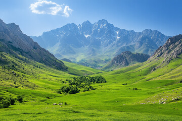 Obraz premium Lush green pastures nestled in high-altitude terrain with rugged peaks and clear blue sky