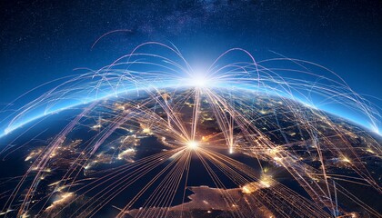 A visual representation of an airplane flight route between continents, emphasizing the trail of light across the sky