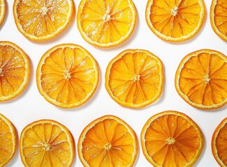 Vibrant and Freshly Sliced Orange Circles Arranged Neatly on a White Background, Showcasing Juicy Texture and Bright Citrus Color for Food and Beverage Imagery
