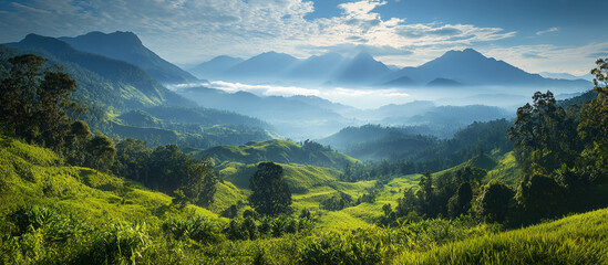Fototapeta premium Panoramic view of lush highland meadows, misty peaks in the distance