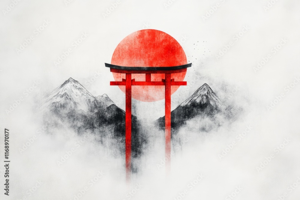 Poster A minimalist design of a red torii gate with simple black and white mountains in the background