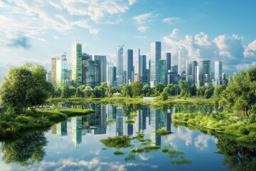 Modern City Skyline Reflected in a Serene Lake