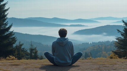 Contemplative Man Meditating in Misty Mountains