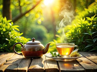 Rule of thirds composition enhances peaceful nature photography of an outdoor tea ritual.
