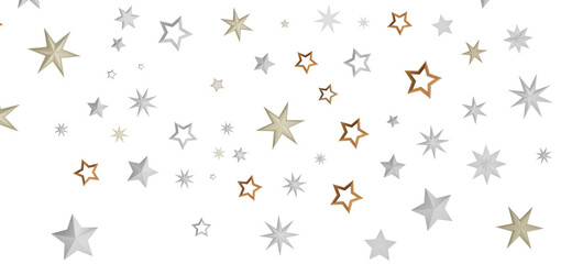 A black background with many shiny gold, silver, and bronze stars of different sizes scattered throughout.