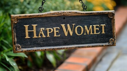A decorative sign reading "Hape Womet" hanging in nature.
