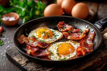 A delicious display of bacon and eggs sizzling in a pan.