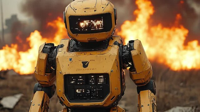 A robot is standing in front of a fire