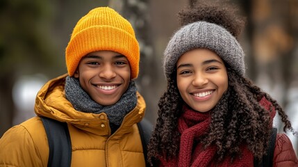 Happy Diverse Teen Couple Winter Portrait