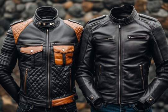 A pair of slim-fit jeans paired with a sleek leather jacket, styled for a modern and edgy look