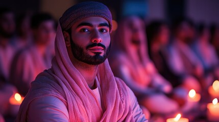 Obraz premium Young man in traditional Middle Eastern attire sits among a group of people illuminated by candlelight.