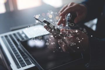 Internet of Things IoT, E-commerce concept. Woman using mobile phone with internet network connection via mobile apps, digital marketing, online shopping and mobile banking