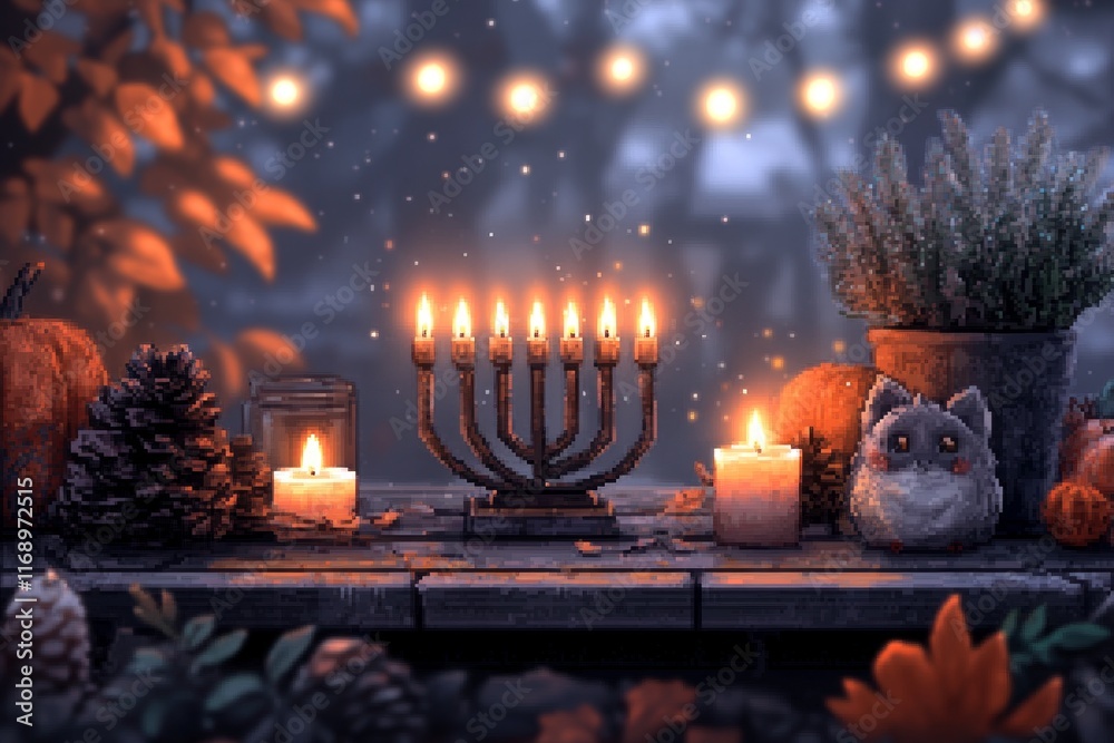 Poster a pixel art menorah with flickering animated candles, set on a table with festive decorations in a r