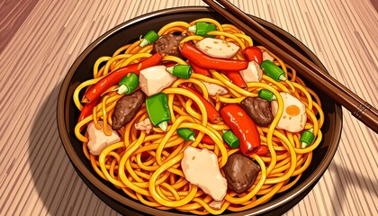 Colorful Illustration of Delicious Stir-fried Noodles with Chopsticks