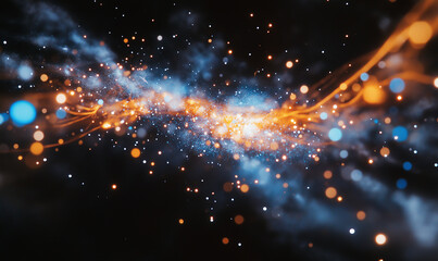 Obraz premium A grainy, blurry photograph of an explosion in space with blue and orange sparks. The light from the explosions is reflecting on a black background. 