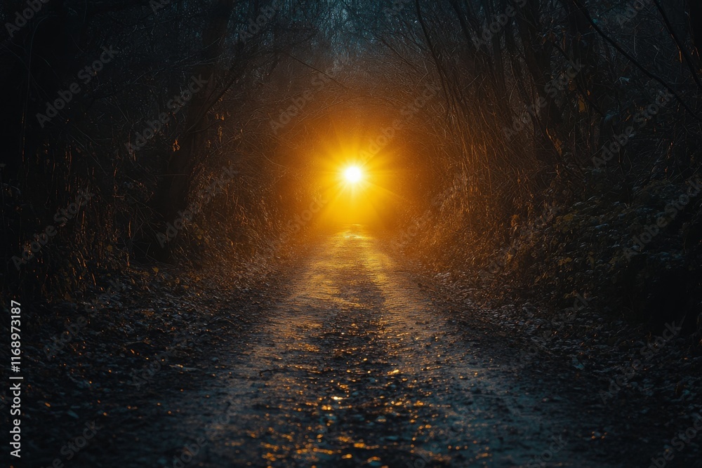 Wall mural Light beams filtering through an archway in a serene woodland pathway