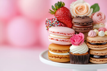 Delicious dessert platter with macarons and fresh strawberries