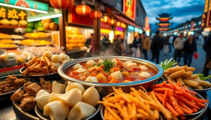 Delicious street food display in a bustling Asian market at twilight