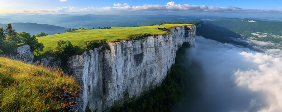 Scenic green meadows atop mountain cliffs, overlooking rolling clouds