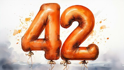 Orange birthday / anniversary balloon, number 42, watercolor painting with white background