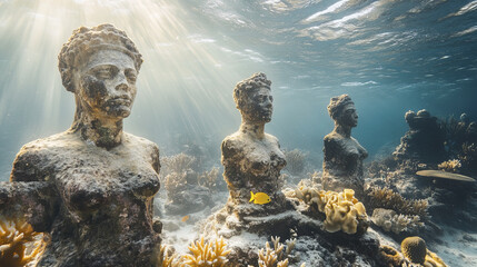 Breathtaking underwater scene of ancient statues surrounded by coral and fish