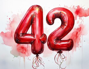 Red birthday / anniversary balloon, number 42, watercolor painting with white background