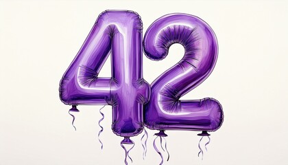 Purple birthday / anniversary balloon, number 42, watercolor painting with white background