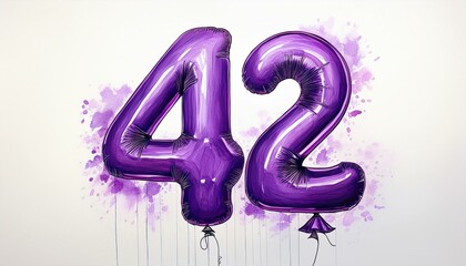 Purple birthday / anniversary balloon, number 42, watercolor painting with white background