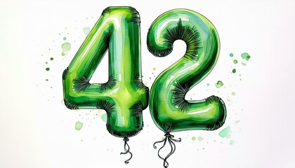 Green birthday / anniversary balloon, number 42, watercolor painting with white background