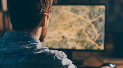 A person is focused on a computer screen displaying a detailed map, highlighting a blend of nature and technology.