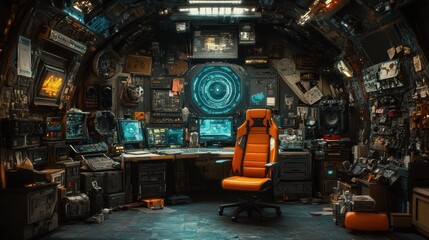 Futuristic cluttered workspace with orange chair.