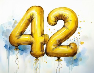 Yellow birthday / anniversary balloon, number 42, watercolor painting with white background
