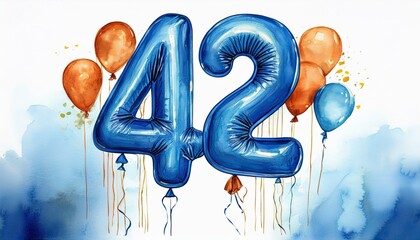 Blue birthday / anniversary balloon, number 42, watercolor painting with white background