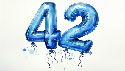 Blue birthday / anniversary balloon, number 42, watercolor painting with white background