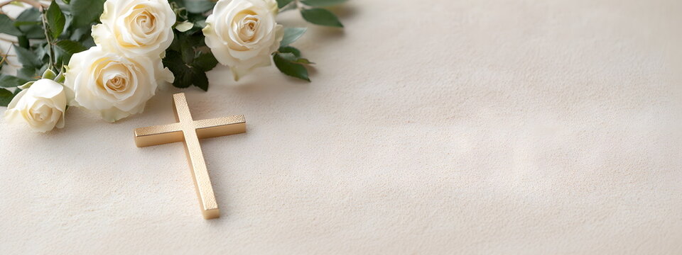 Christian background with golden crucifix on beige neutral wall background decorated with white rose branches.