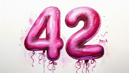 Pink birthday / anniversary balloon, number 42, watercolor painting with white background