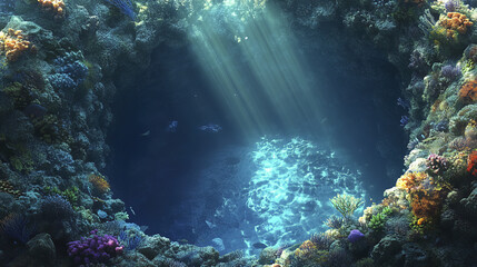 Naklejka premium circular opening in coral reef reveals deep blue underwater scene