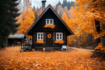 A rustic izba during autumn, with leaves in shades of orange and yellow carpeting the ground around it