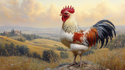 colorful rooster stands proudly in peaceful meadow, showcasing its vibrant feathers