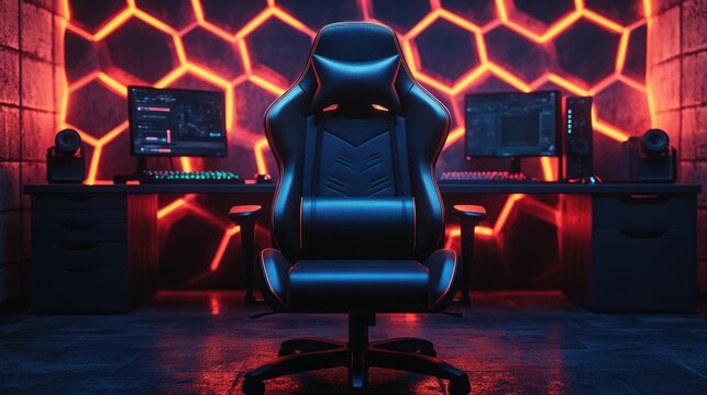 Gaming setup with ergonomic chair, illuminated wall, and dual monitors. - Powered by Adobe