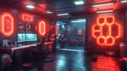 Futuristic red-lit gaming room interior.