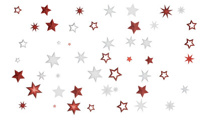 A digital illustration of red and white stars on a black background. The stars are of various sizes and are arranged in a random pattern.
