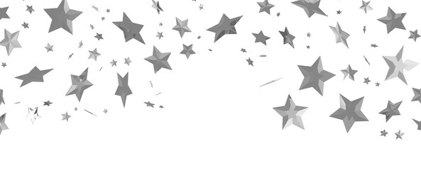 Abstract pattern of random falling silver stars on white background.