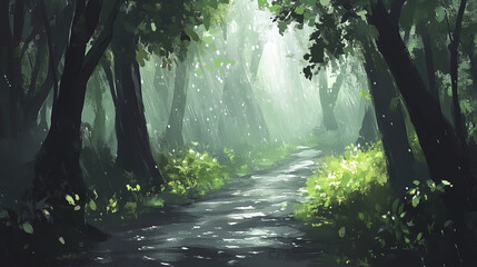 Obraz premium damp forest path surrounded by tall trees and glistening foliage