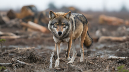 Fototapeta premium wolf standing desolate landscape, showcasing its keen gaze and alert posture. environment is barren, with fallen logs and dry vegetation surrounding animal, creating sense of solitude and