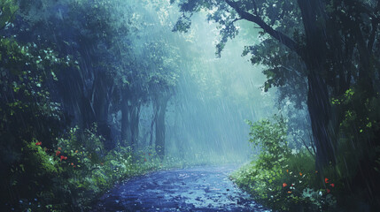Obraz premium serene forest path surrounded by lush greenery and rain