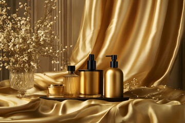 Fototapeta premium A golden cloth is draped over the table, creating an elegant display of luxury and sophistication.